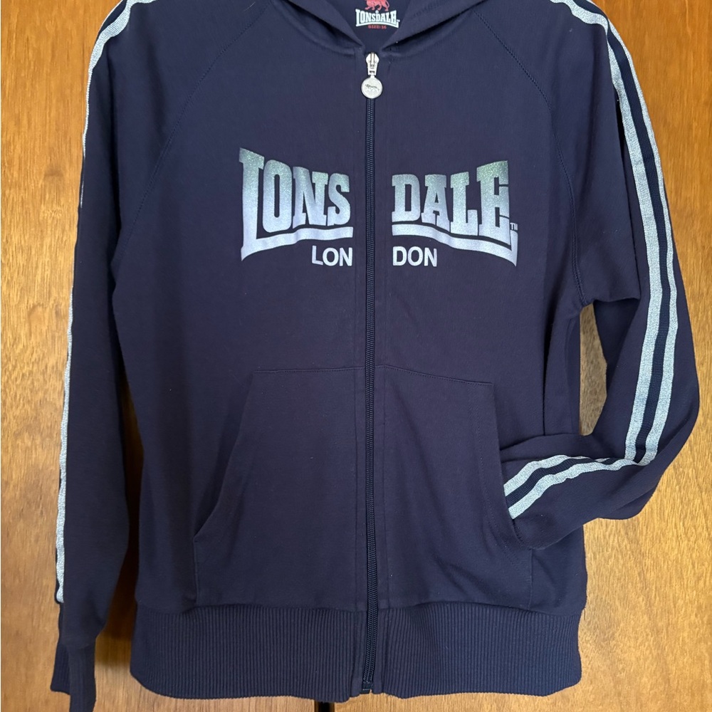 Lonsdale Navy Zip-Up Hoodie with Light Blue Stripes